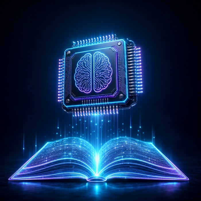 AI chip above holographic book