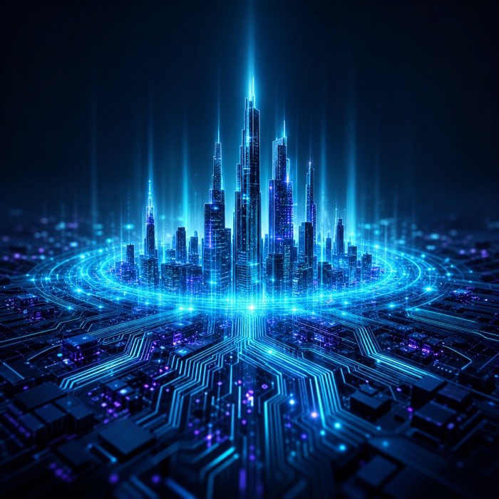 Digital city rising from circuit board